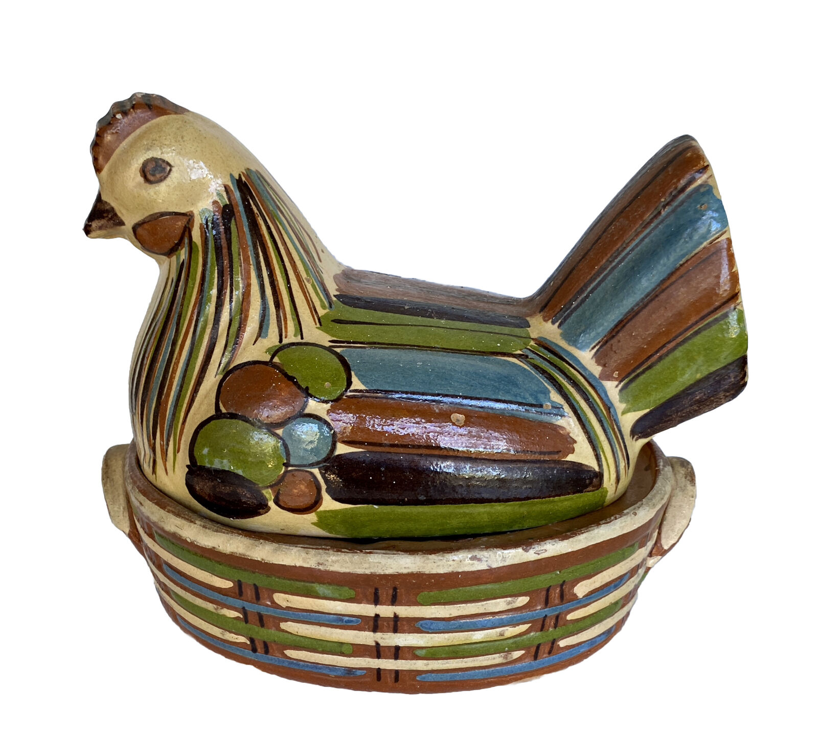 Vintage Tlaquepaque Pottery Chicken In a Basket/Nest Covered Casserole, c 1940\'s