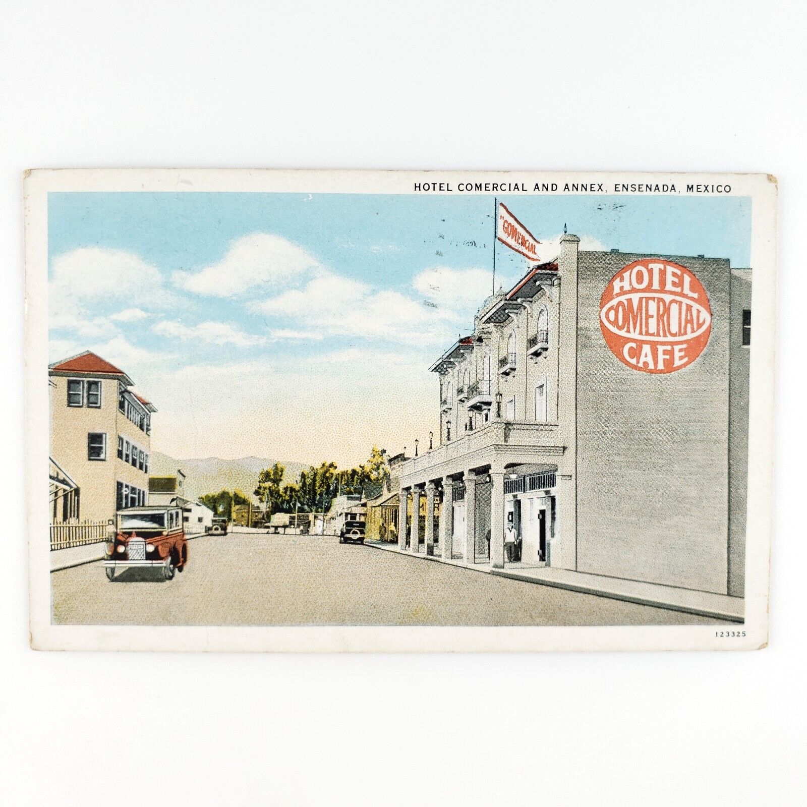 Ensenada Hotel Commercial Mexico Postcard 1930s Annex Cafe Old Car Street D1381