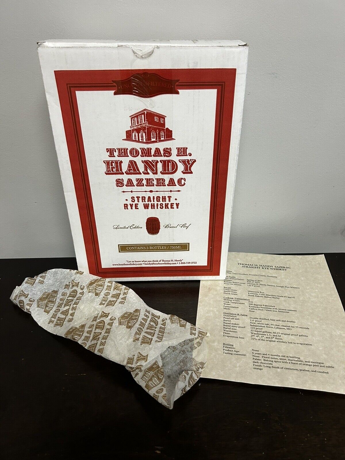 Thomas H. Handy 2022 Rye Empty Box With Letter And Tissue Paper.