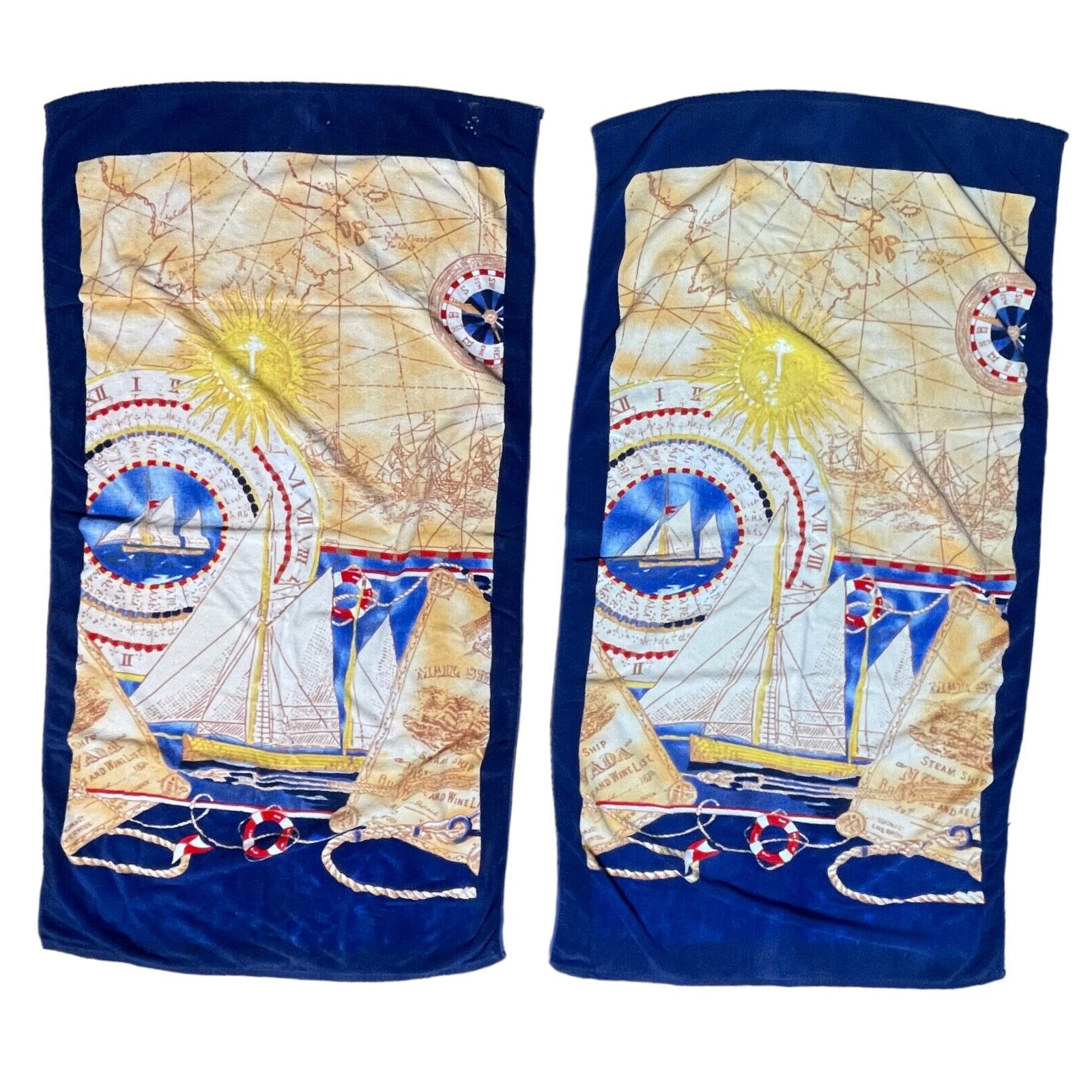 Leshner Beach Towel Sailboat Nautical Pair Vintage - Some Damage See Pictures