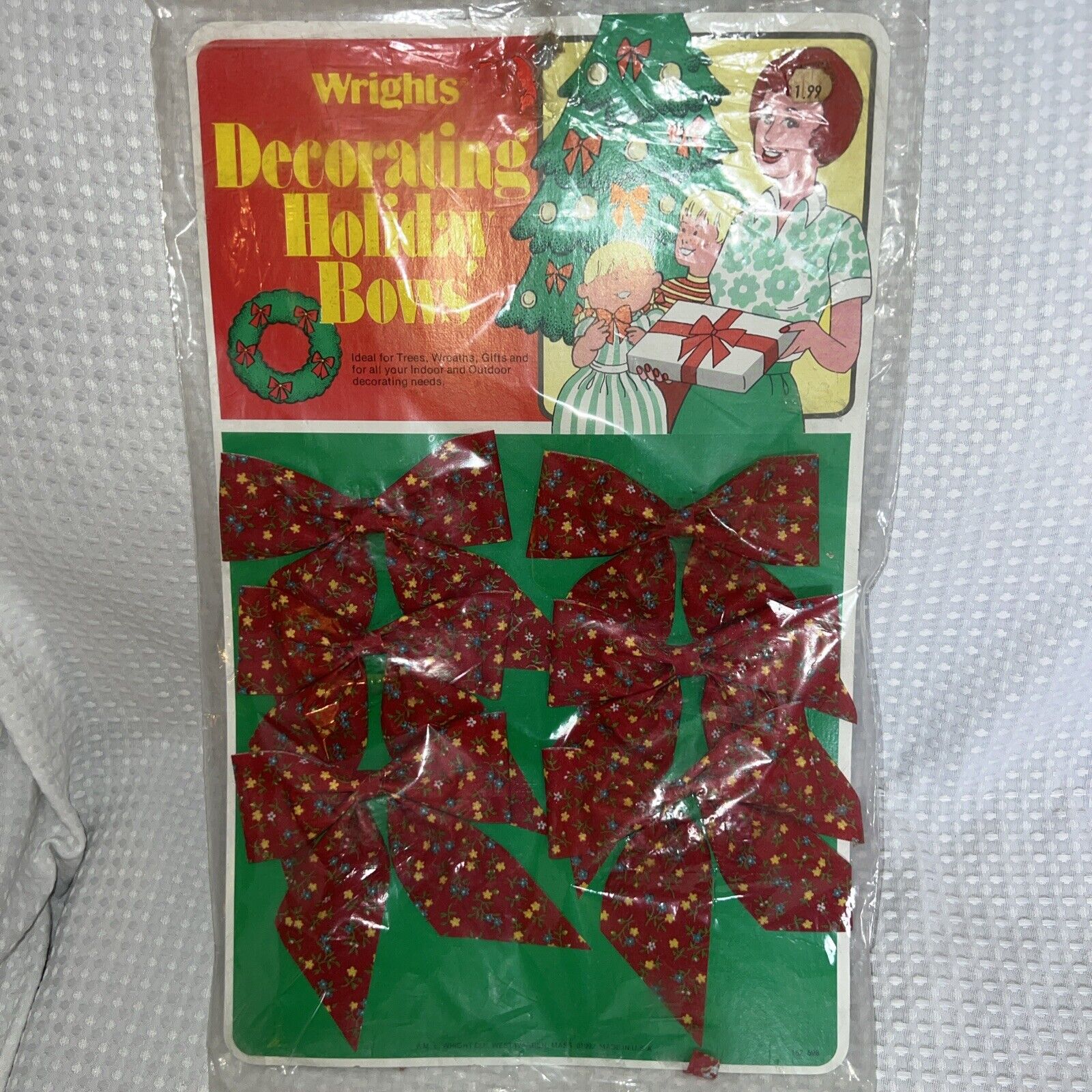 Vintage Holiday Christmas Bows Set of 6 Retro Wrights Trees Wreath Craft Present