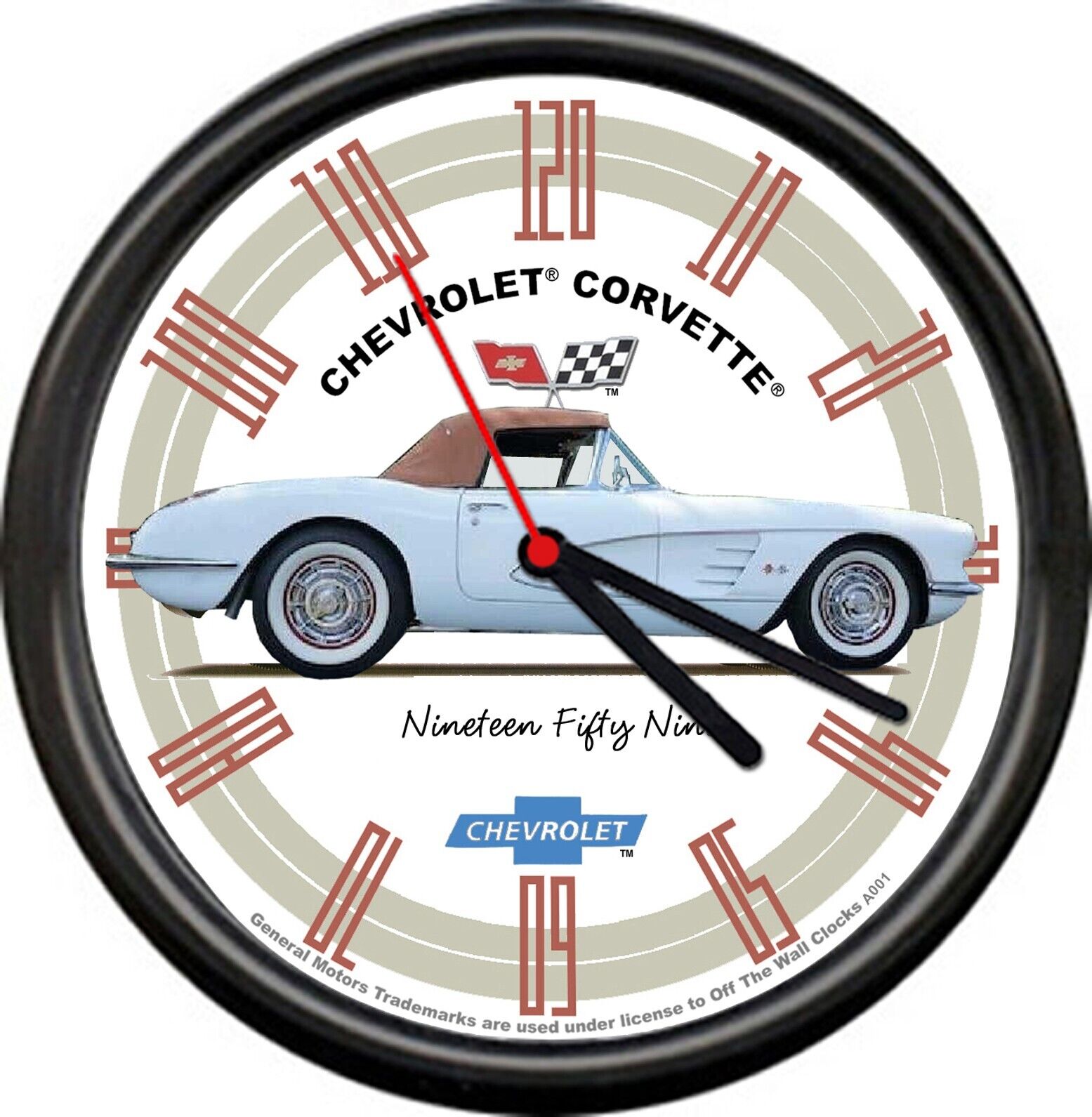 Licensed 1959 White Corvette Convertible Chevrolet General Motors Wall Clock