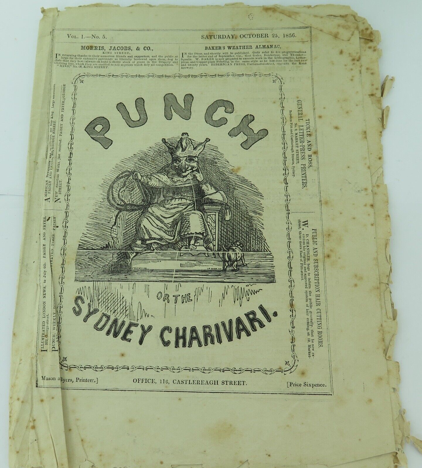 SUPER RARE 1856 Vol 1. No 5. Punch or the Sydney Charivari Newspaper / Magazine