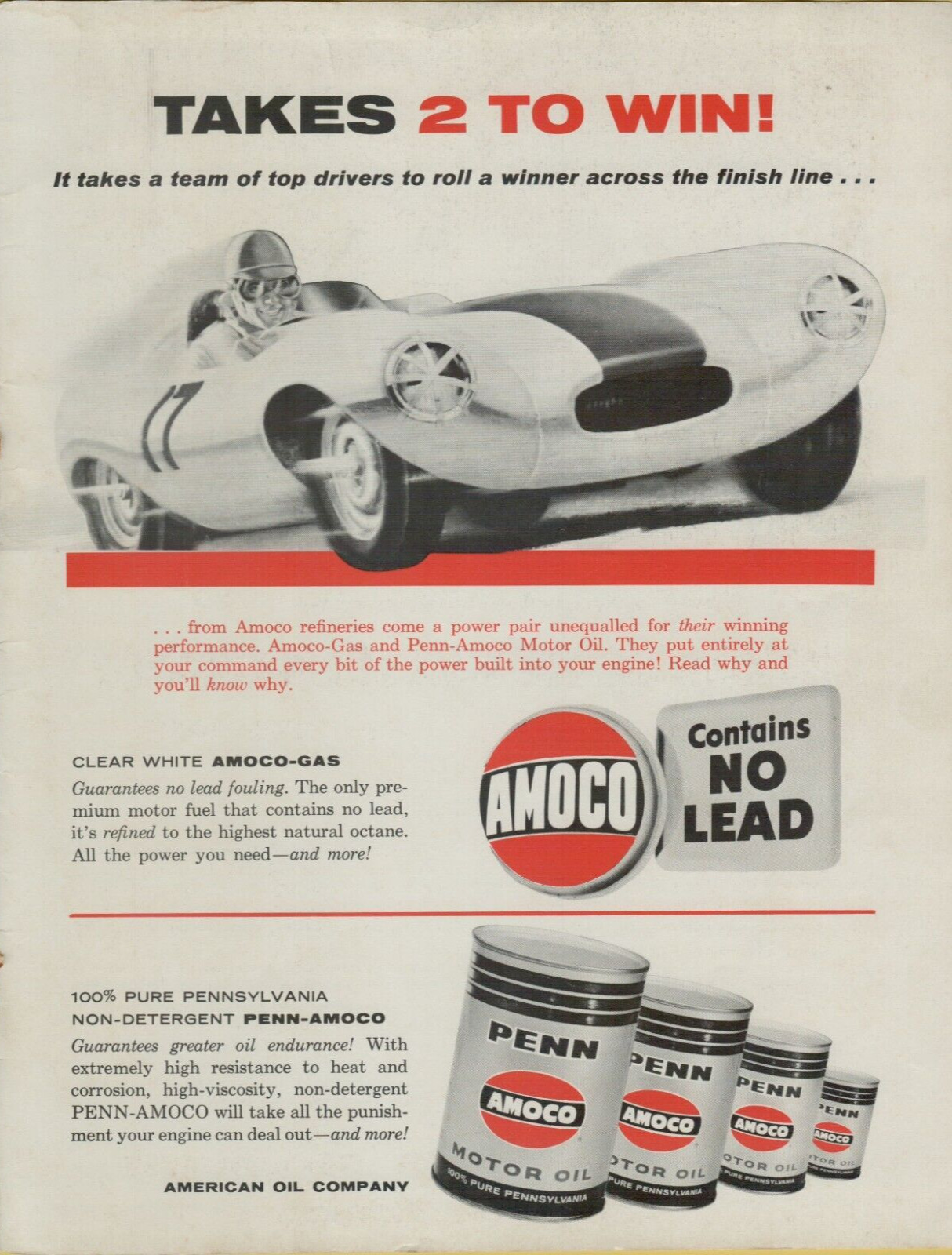 1957 Amoco Gas Penn Motor Oil It Takes 2 to Win Race Car VINTAGE PRINT AD