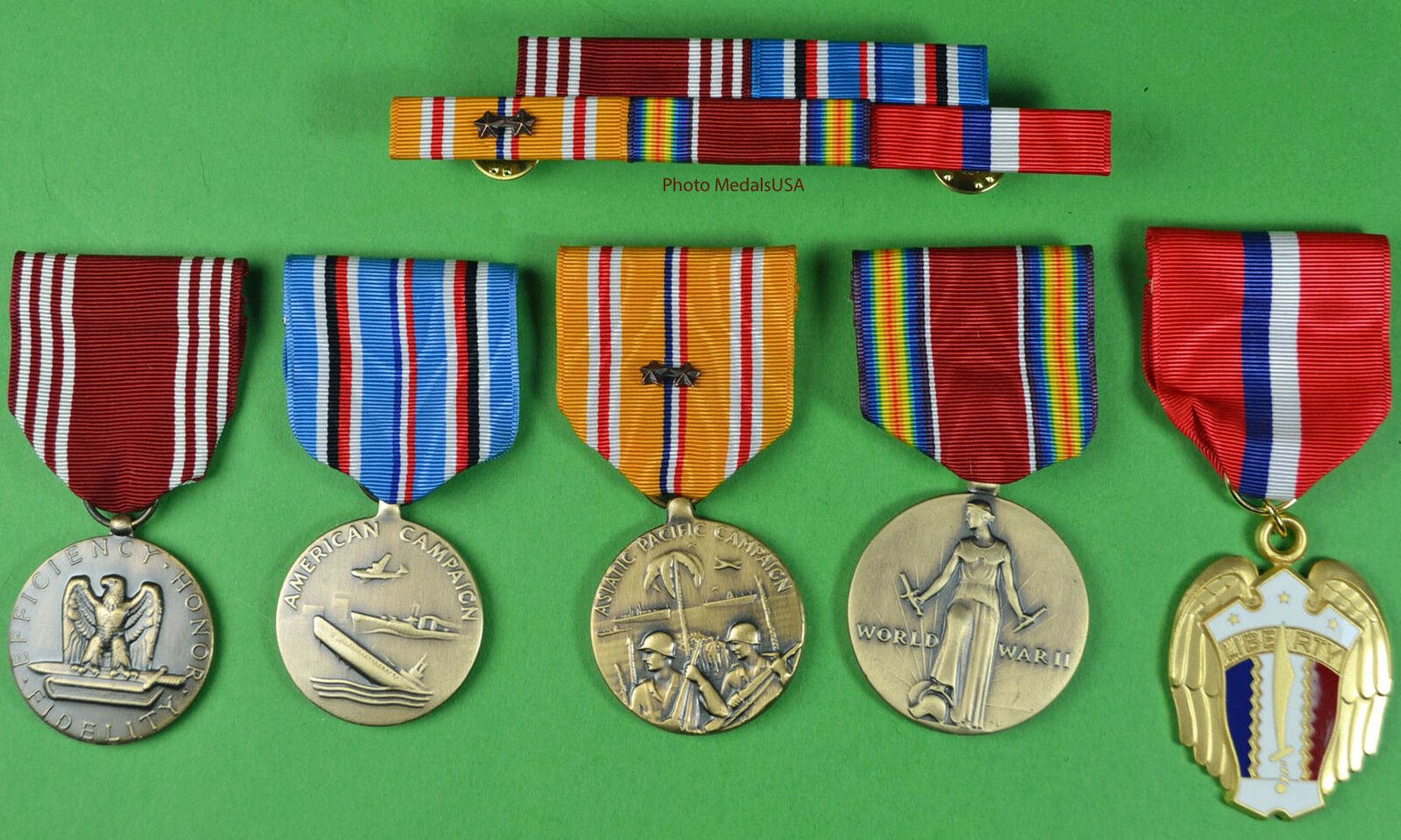 5 WWII Army Medals & Ribbon Bar for Service in the Pacific - Philippines WW2 