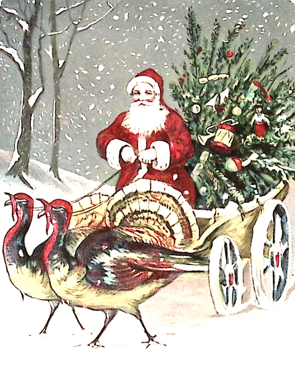 1909 Christmas Postcard Turkeys Pull Santa\'s Wagon in Snow Flurry Christmas Tree