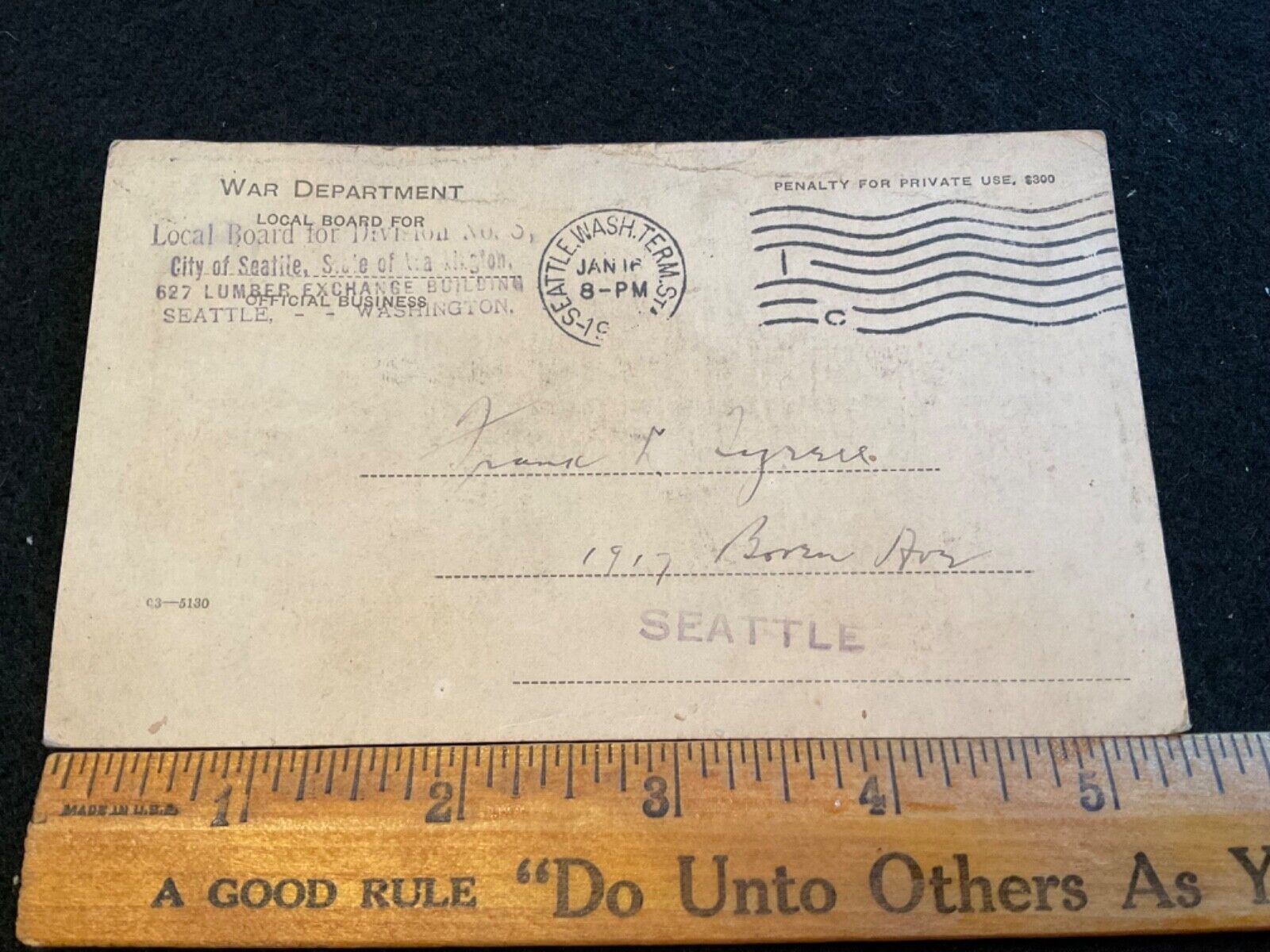 1918 WW1 Seattle War Department Draft Notice of Classification Card World War