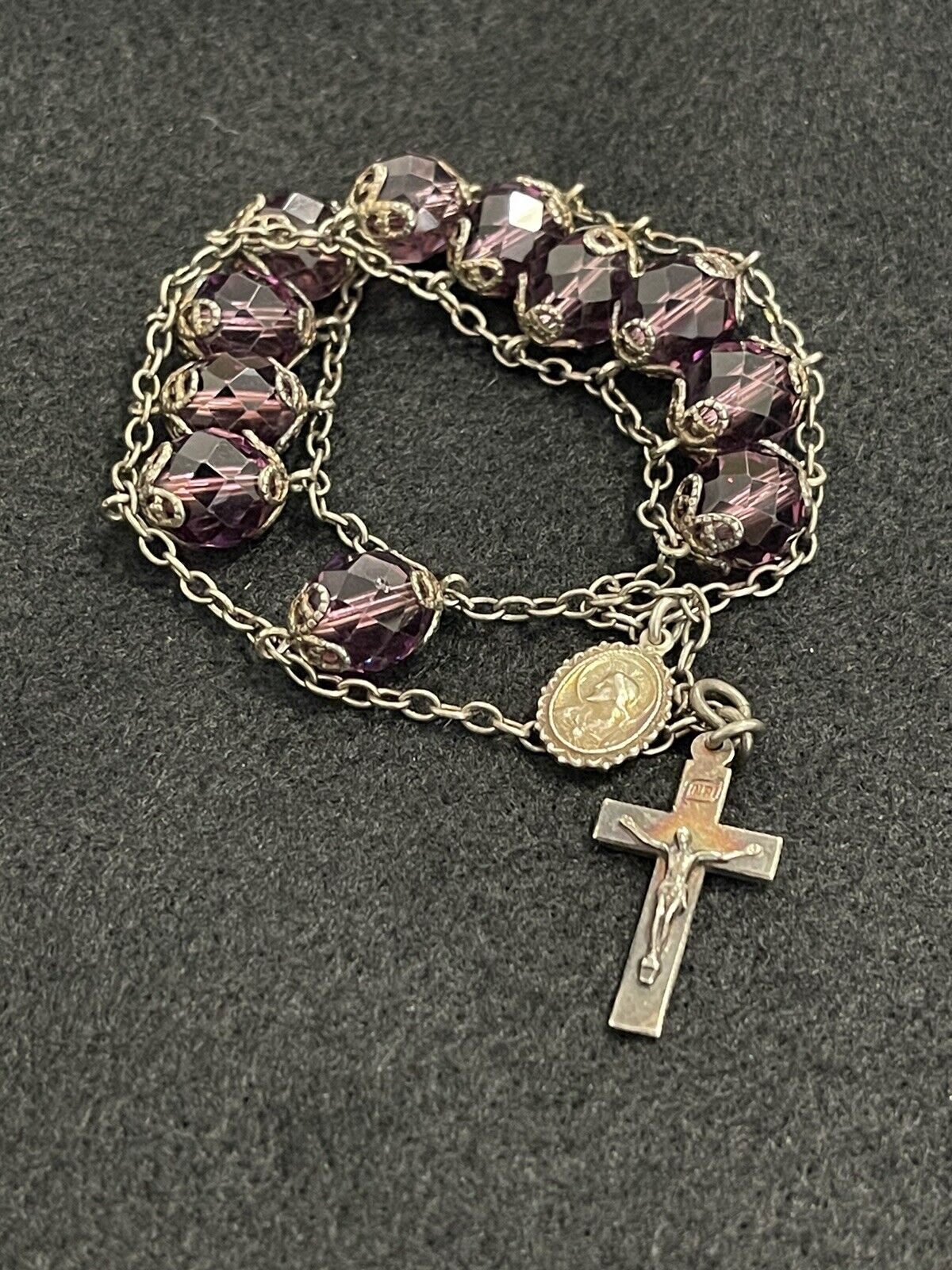 antique Sterling Silver Purple Beaded Rosary Chain Bracelet