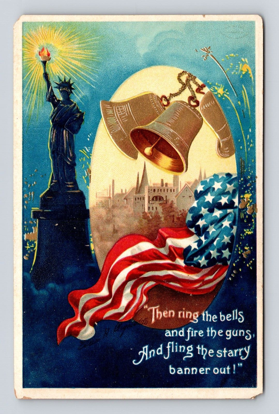 Antique Postcard Embossed Statue of Liberty Golden Bell s Waving Flag 1905
