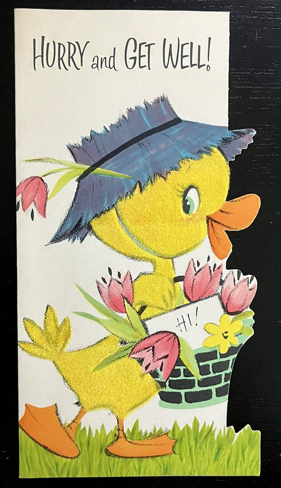Vintage 50s Flocked Duckling Chick Basket Flowers Get Well Die Cut Greeting Card