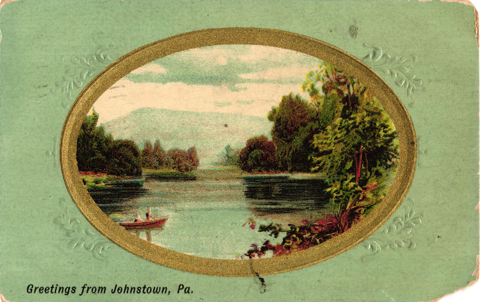 Greetings from Johnstown, PA Lake Scene Embossed Postcard Posted