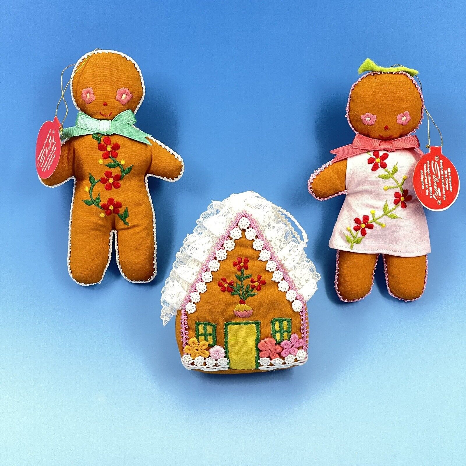 Vintage Silvestri Gingerbread Man Woman House Ornaments Christmas Cloth Lot Of 3