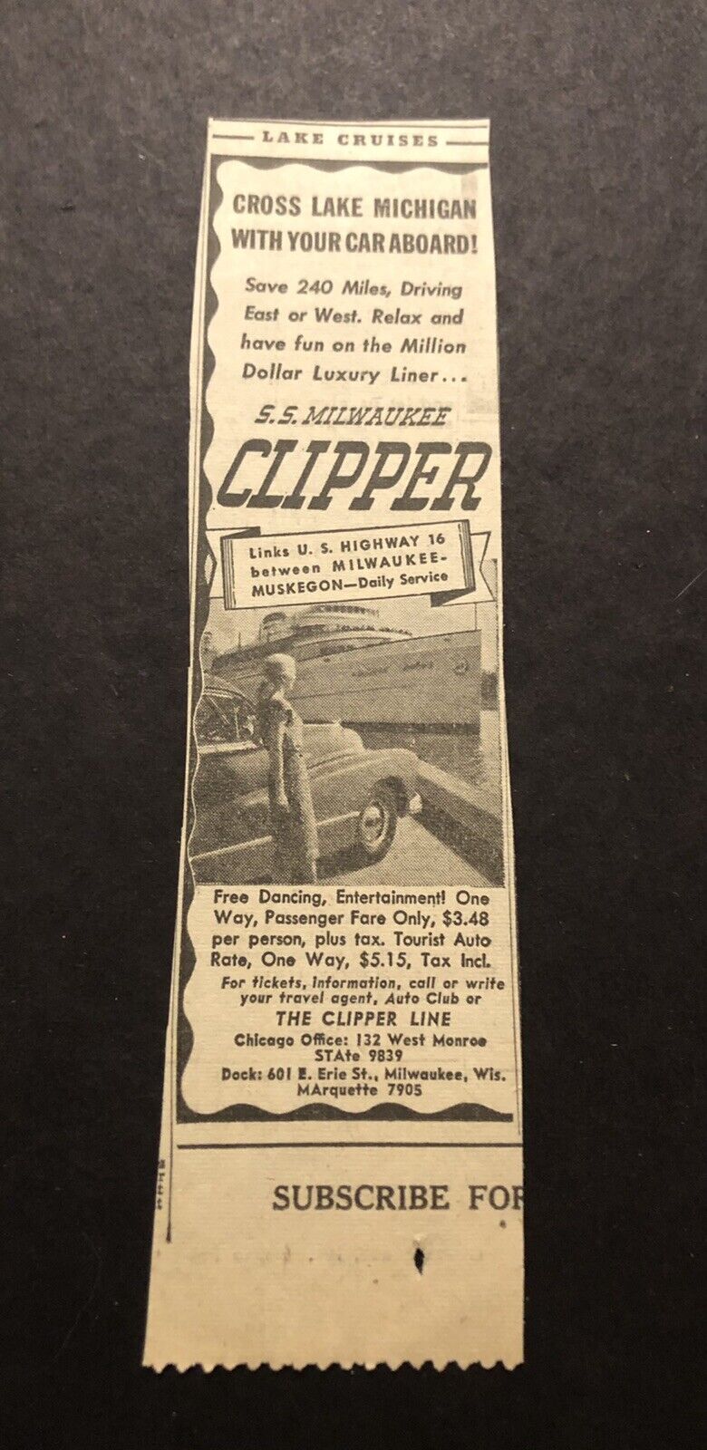 1950’s S.S. Milwaukee Clipper Luxury Liner Newspaper Print Ad
