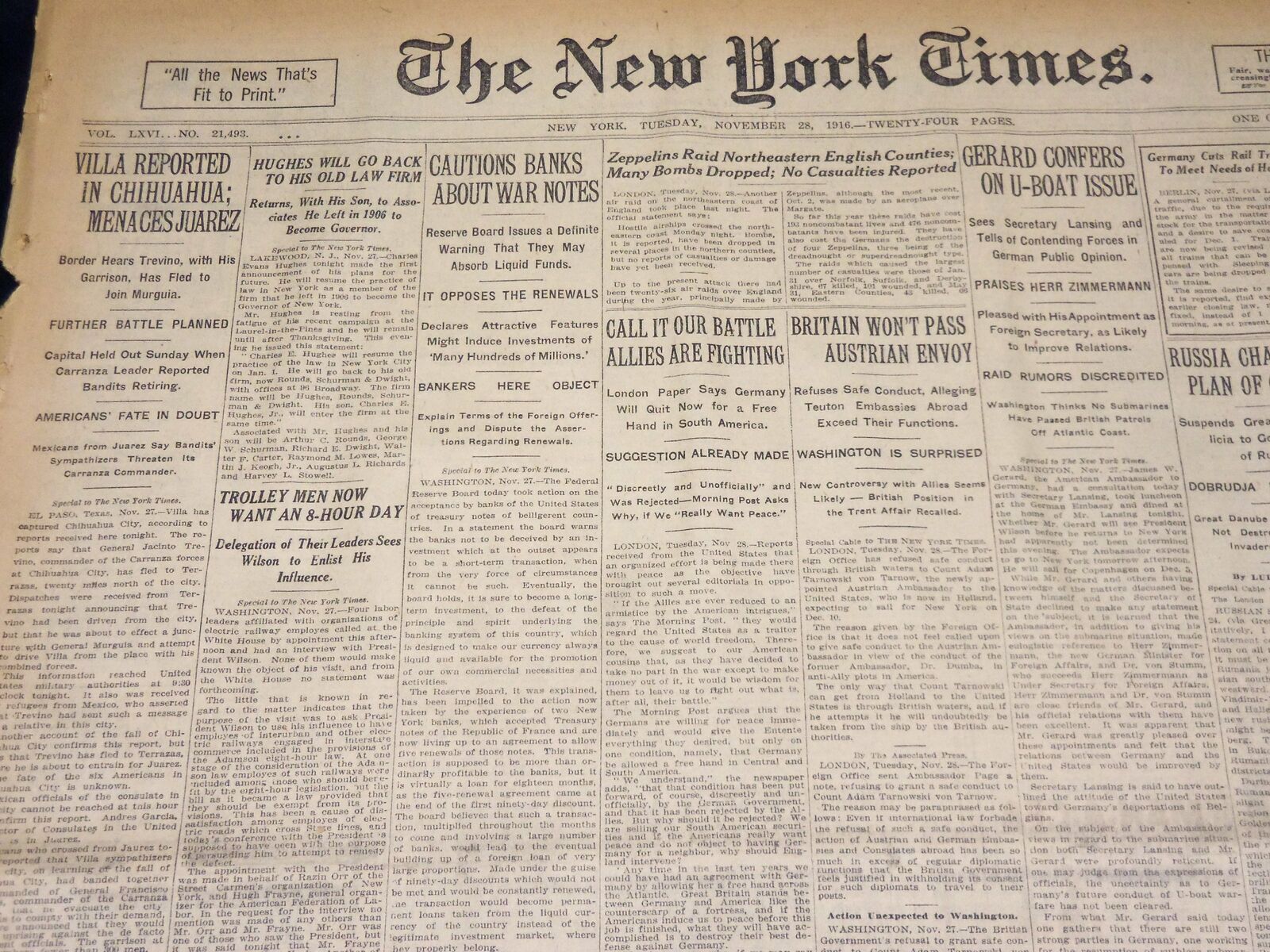 1916 NOVEMBER 28 NEW YORK TIMES NEWSPAPER- VILLA REPORTED IN CHIHUAHUA - NT 7718