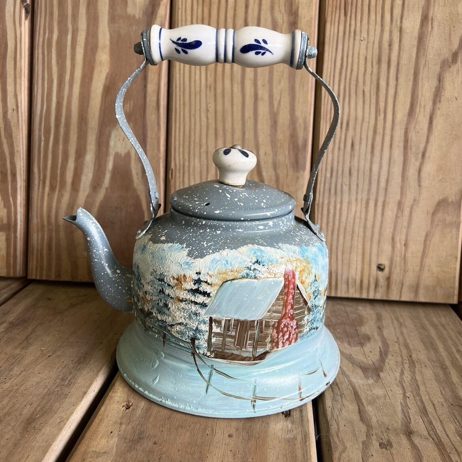 Hand Painted Decorative Aluminum Teapot Porcelain Handle Country Cottage Core