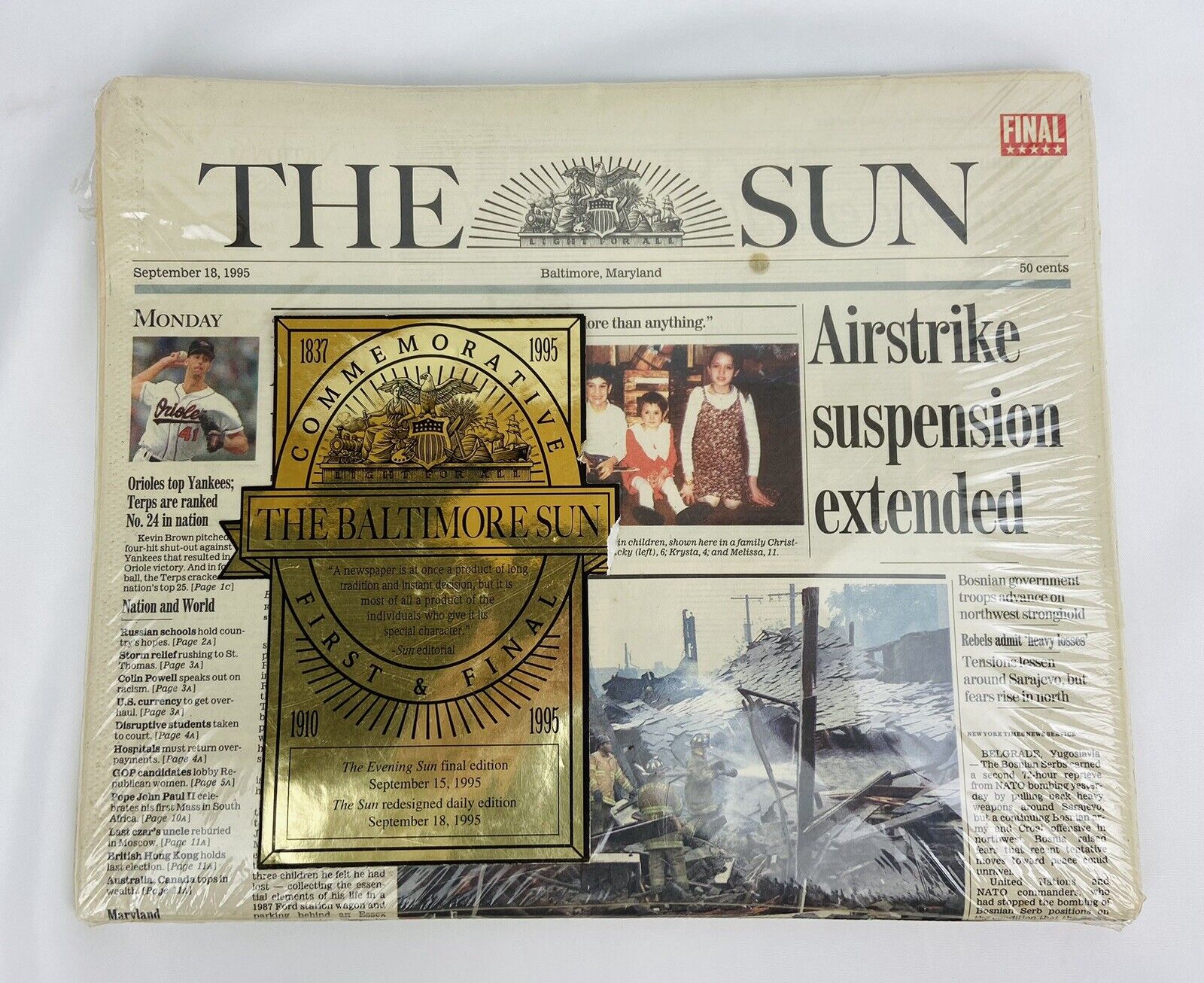 Baltimore Evening Sun Newspaper Entire Final Edition Friday September 15, 1995
