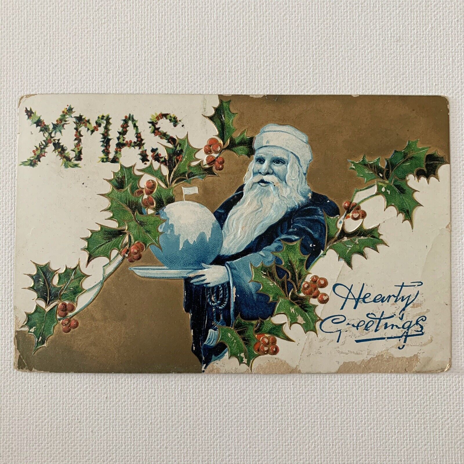 Antique Embossed Christmas Postcard Unusual Blue Santa No 171 BB London Saxony