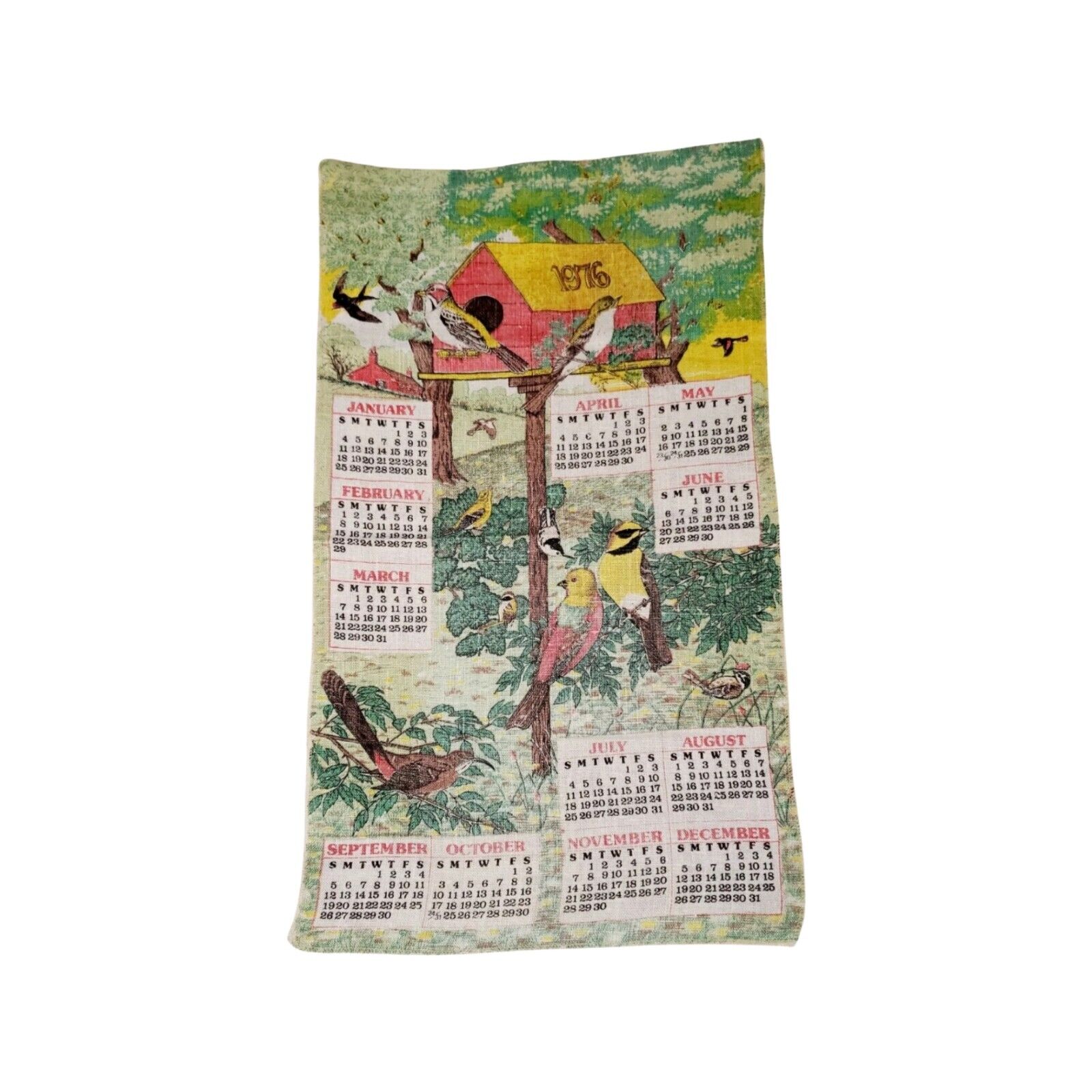 Vintage 1976 Linen Cloth Kitchen Calendar Wall Hanging Tea Towel Spring Songbird