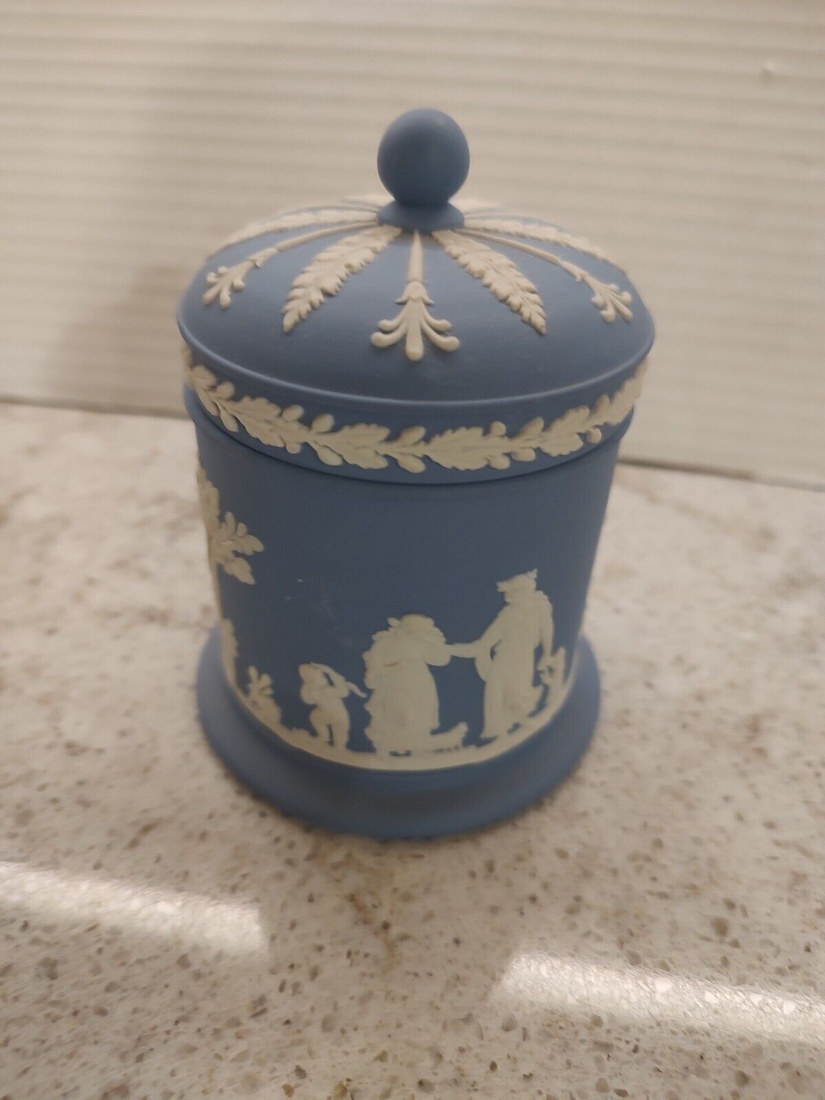 Vintage Wedgwood Blue Jasperware Cigarette/Tobacco Jar with Lid - 4.5” Tall