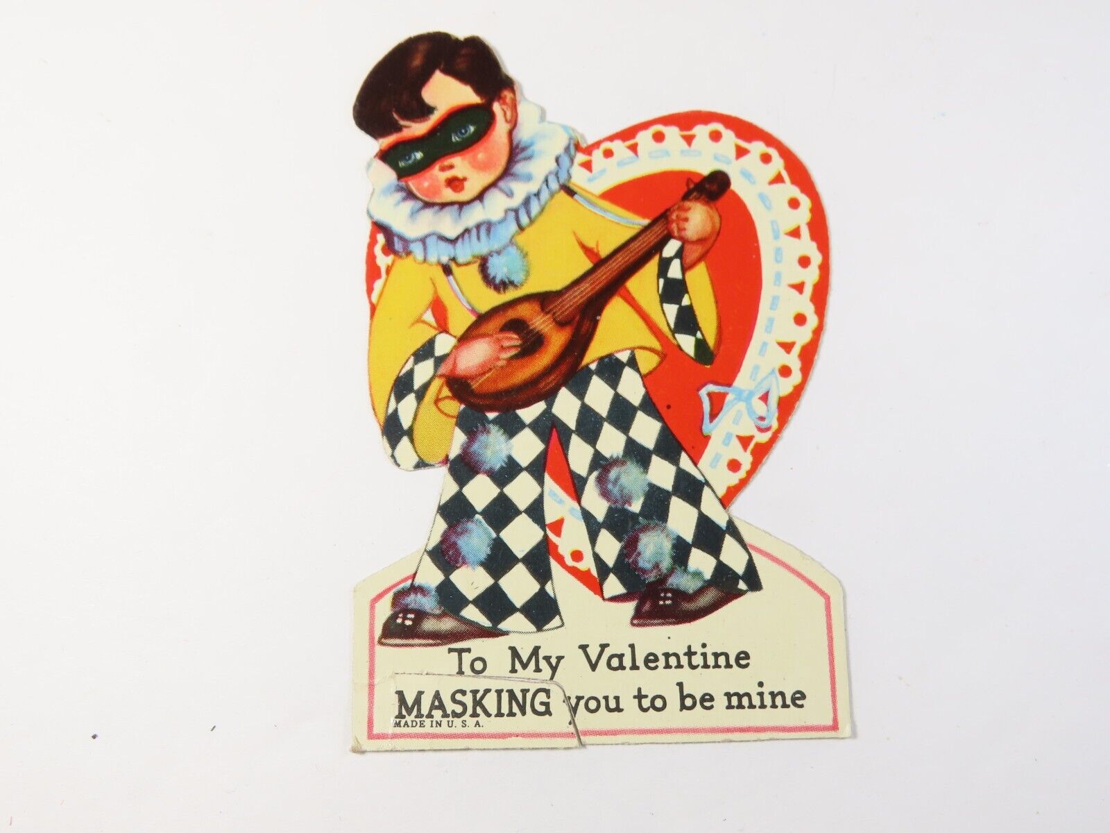 Vintage Valentine Day Card Die Cut Masked Boy Clown Outfit Instrument Used C7468