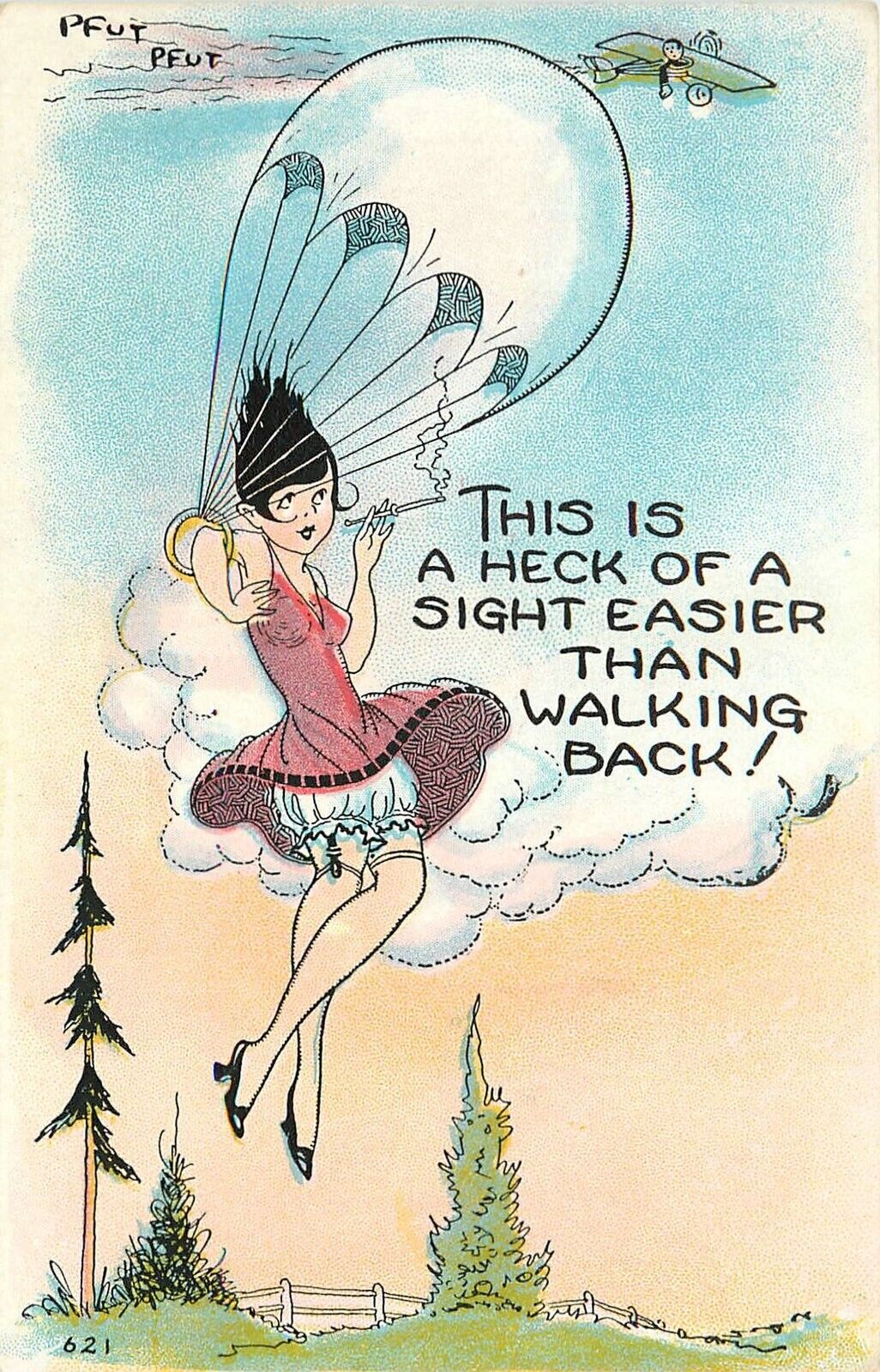 Postcard 1920s Flapper girl parachute landing comic humor 24-5397