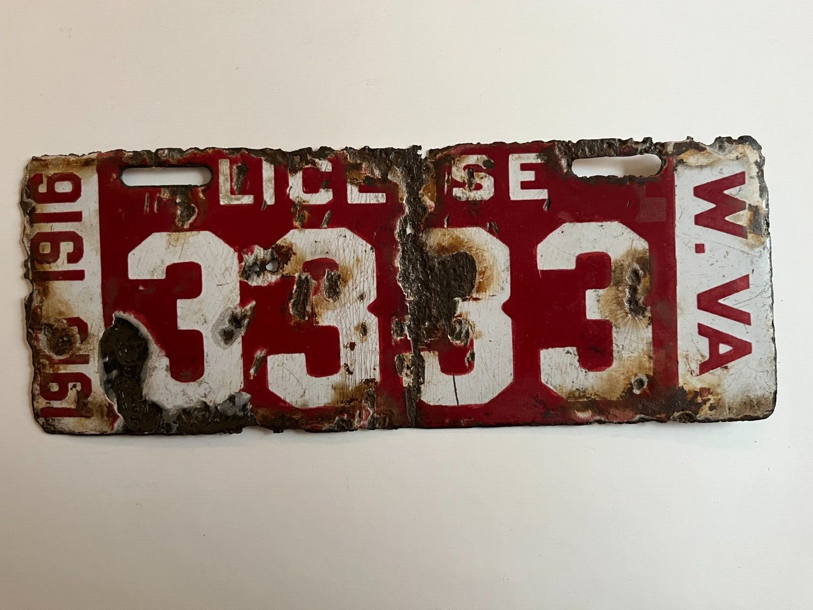 1915 1916 West Virginia Porcelain License Plate Repeating Number #3333 Amazing