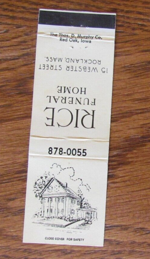 RICE FUNERAL HOME MATCHBOOK COVER: ROCKLAND, MASSACHUSETTS 1960s MATCHCOVER -C10