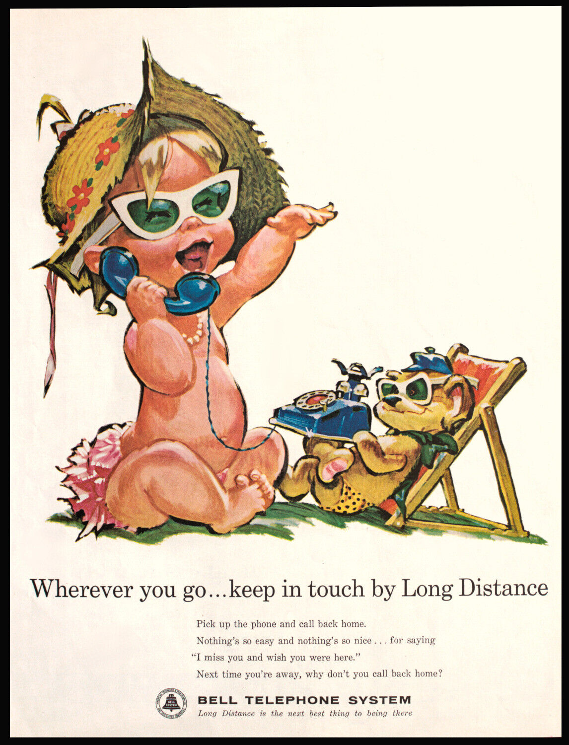 1962 BELL TELEPHONE Baby Girl & Teddy Bear in Sunglasses HAWLEY Art Vtg PRINT AD