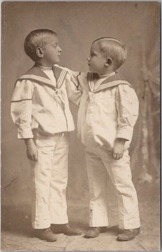 c1910s Studio Photo RPPC Postcard Two Boys / Brothers in Matching Sailor Suits