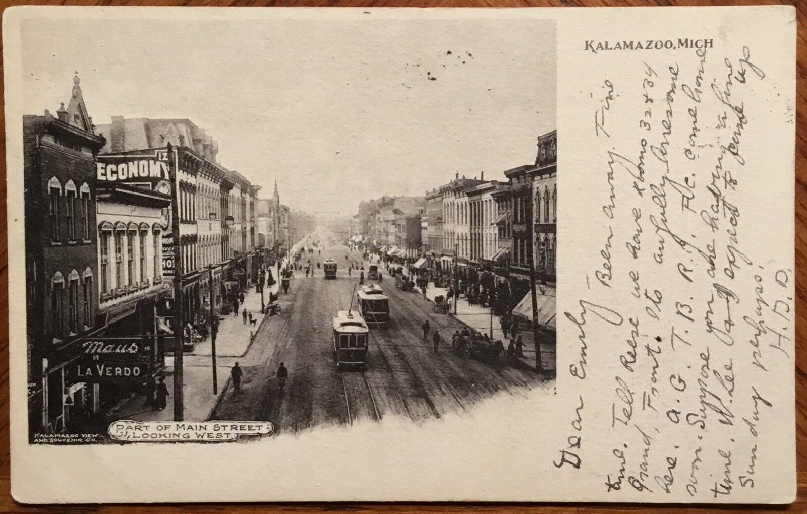 1906 Postcard Kalamazoo, Michigan Main St. Trolleys, Horse & Wagon, Buggies