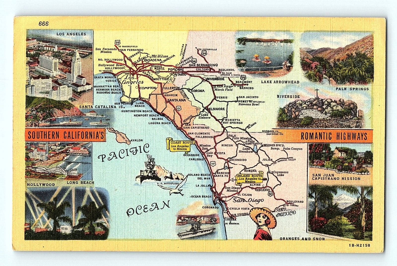 Southern California's Romantic Highways Map Vintage Postcard E1