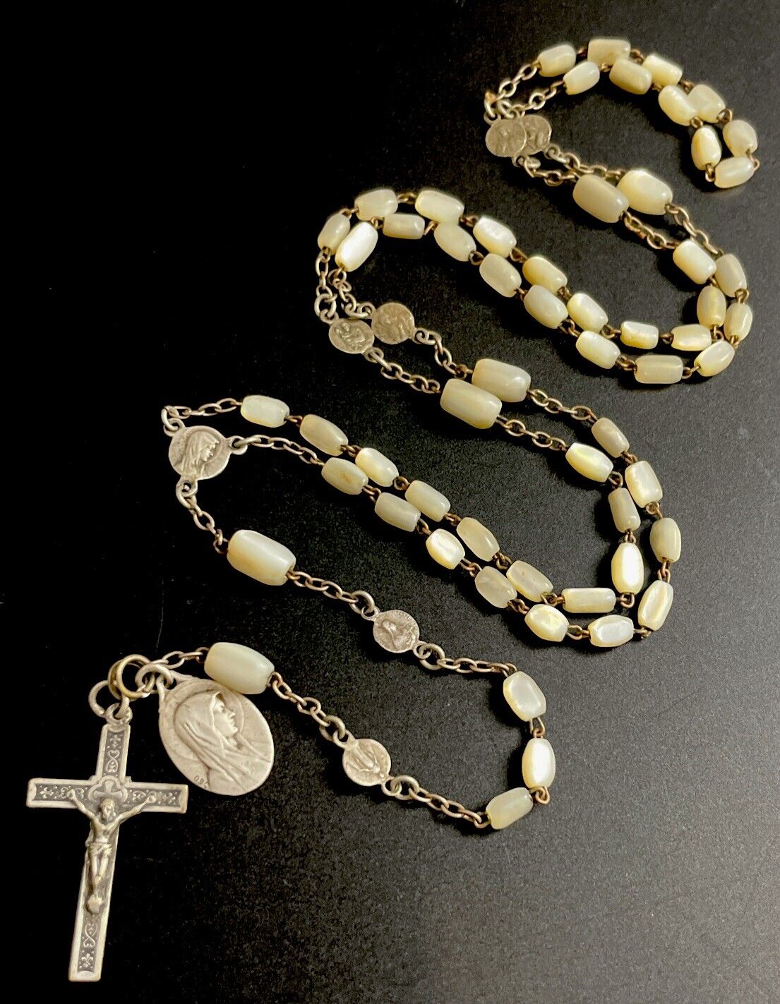 Vintage Catholic Genuine Mother Of Pearl MOP Rosary,  Pater Medals,France