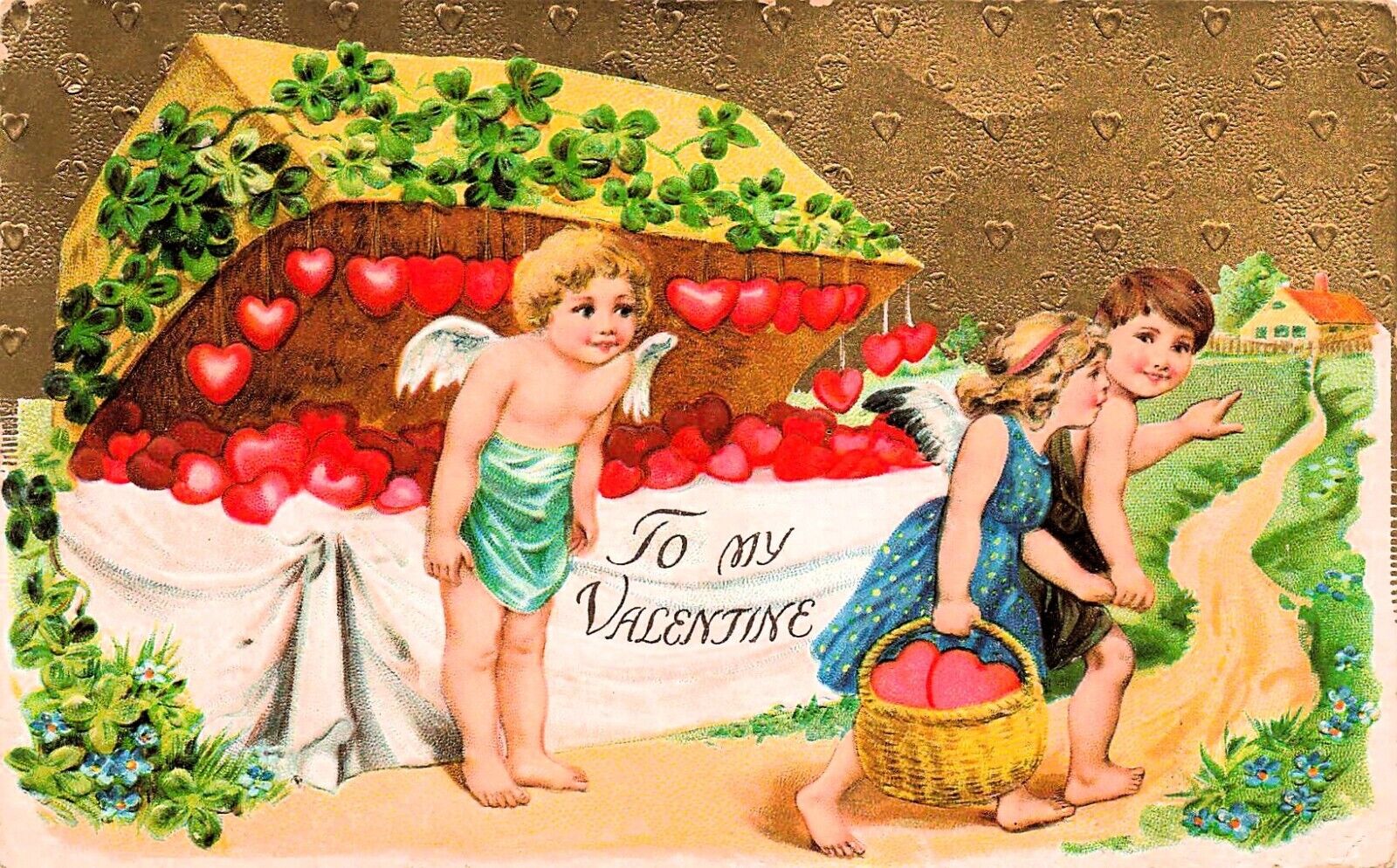 Valentines Day Fantasy Cupid Love Romance Shopping Hearts Vtg Postcard E20