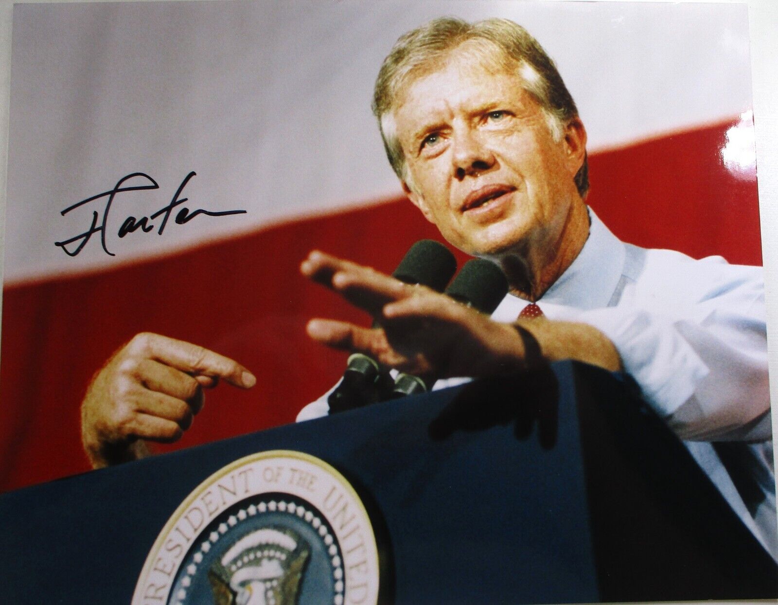President Jimmy Carter / Autographed 8X10 Color Political Speech Photo / JSA