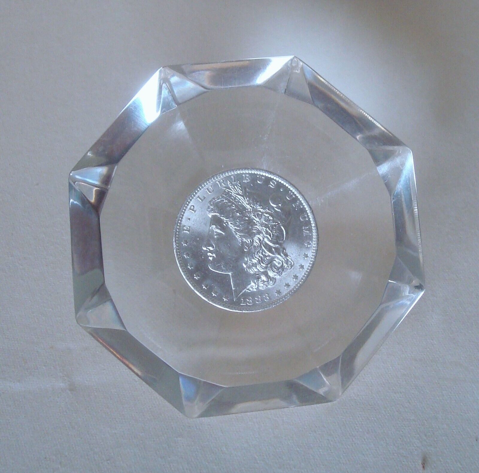 1883-O, Morgan BU Silver Dollar, Diamond Shape Lucite Paperweight
