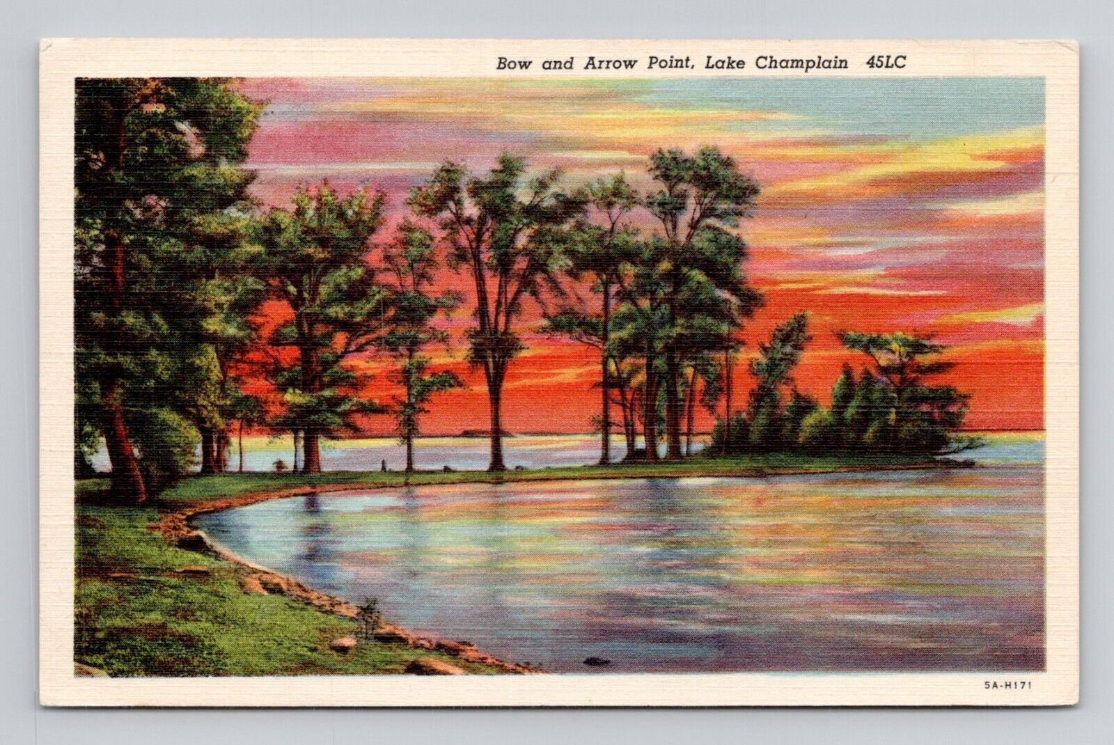 Postcard Bow & Arrow Point at Sunset Lake Champlain Vermont, Vintage Linen A20