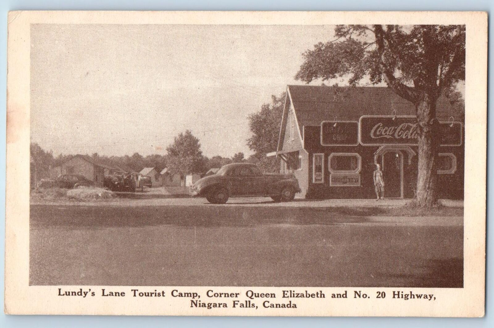 c1950\'s Lundy\'s Lane Tourist\'s Camp Coke Sign Car Niagara Falls Canada Postcard