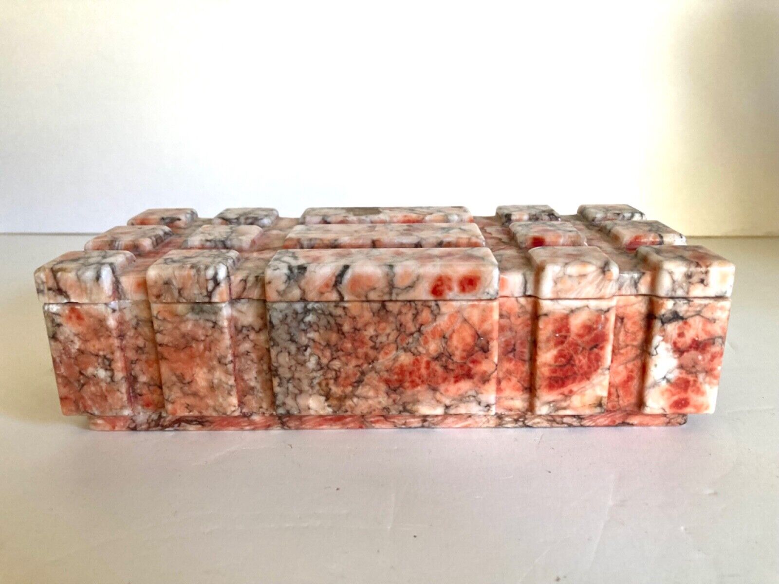 Vintage MCM Italian Pink Alabaster Marble Jewelry or Decorative Box Signed Italy