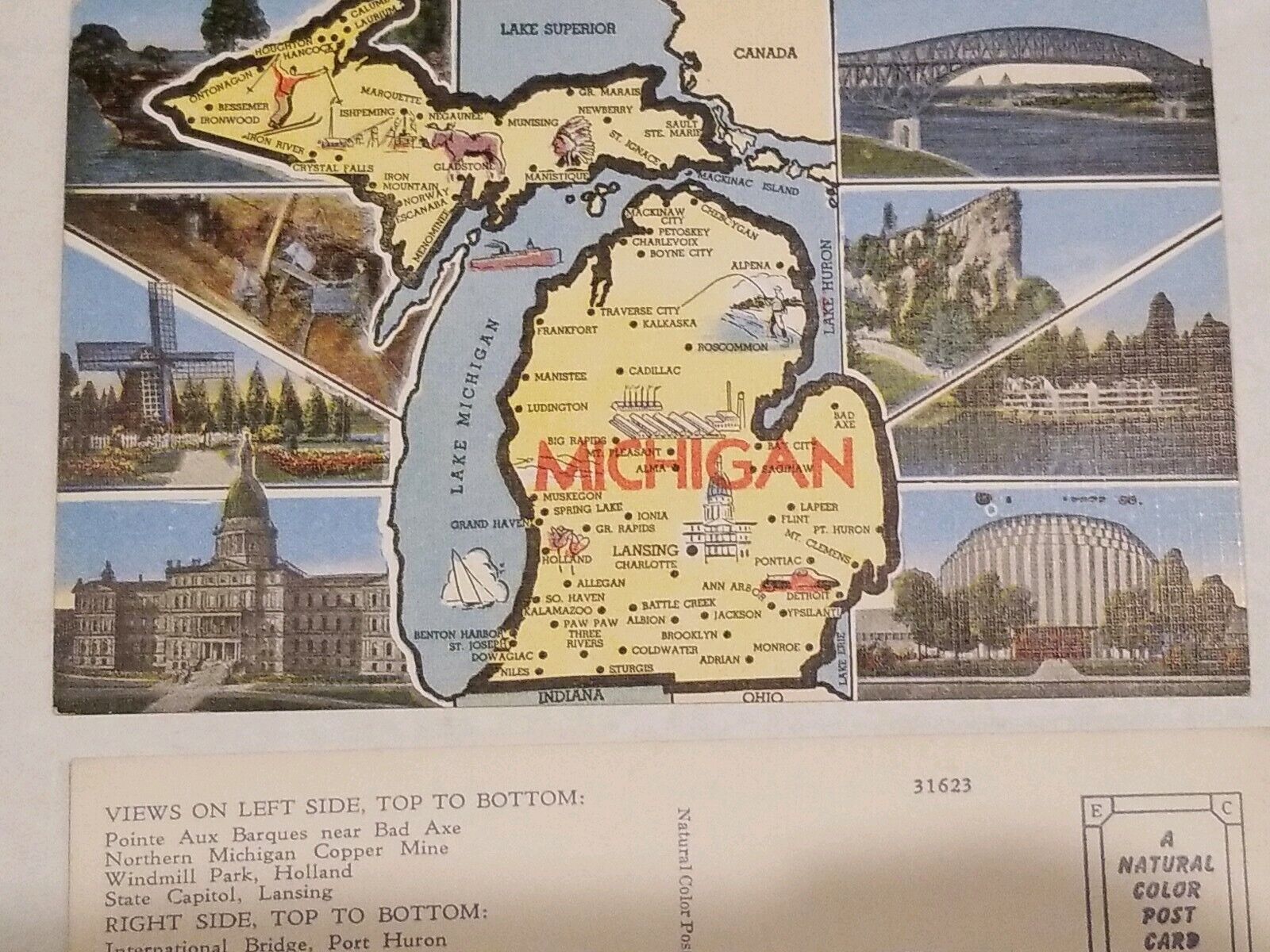 Undated Unused Postcard State of Michigan  Map and LANDMARKS