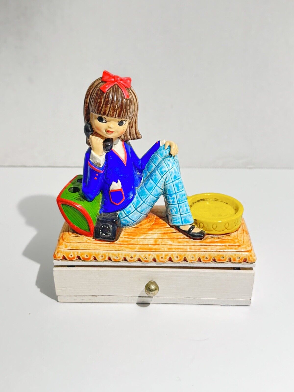 Vintage 1960s Girl on Phone Trinket Box  KITSCH Earl Bernard Japan Not Complete