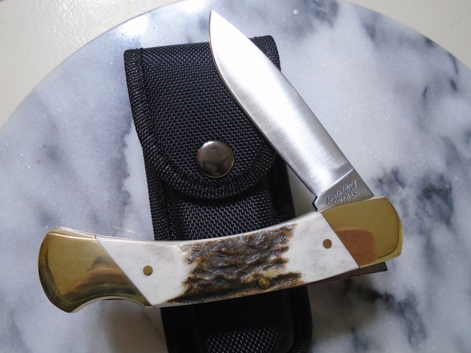Schrade Uncle Henry USA Stag Lockback Folding Hunter Pocket Knife +Sheath No Box