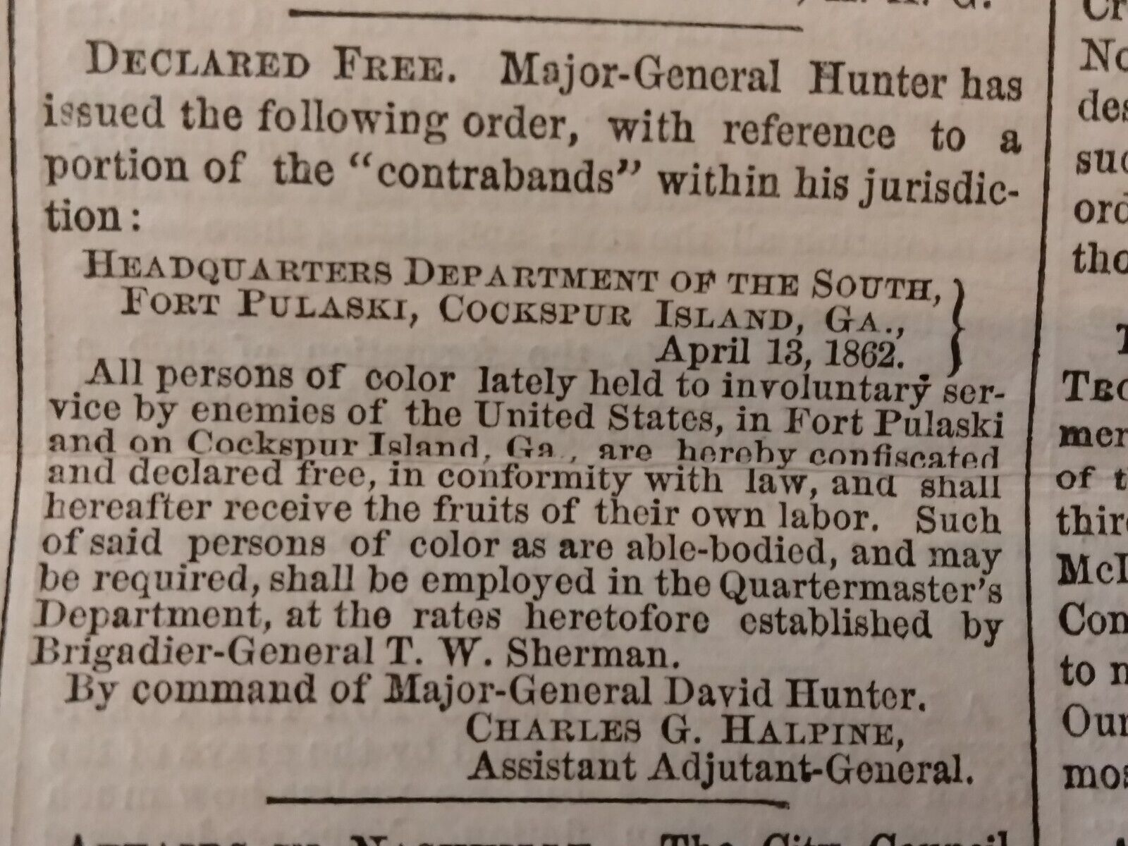 Civil War Newspapers-GENERAL HUNTER DECLARES ALL SLAVES FREE IN HIS JURISDICTION