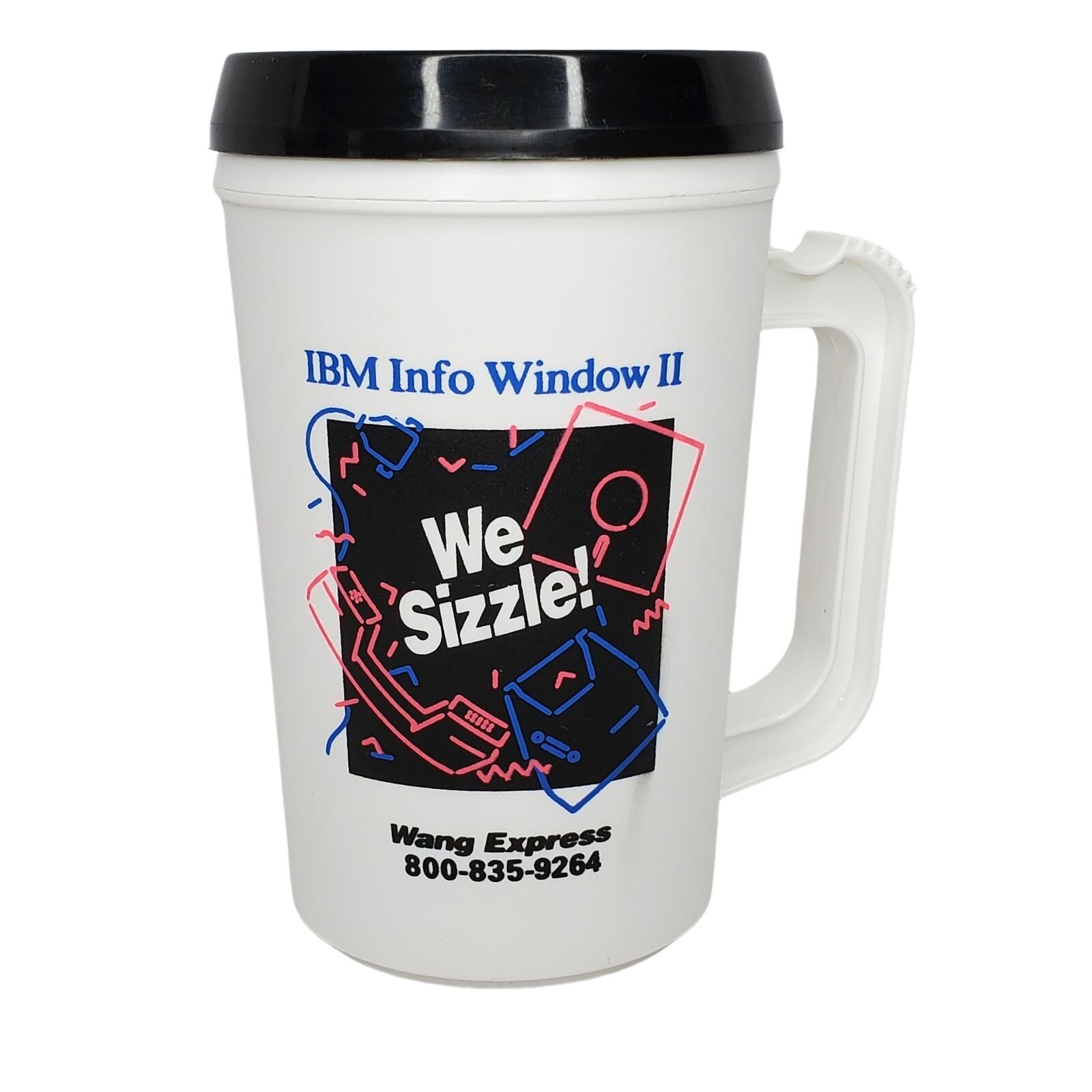 Vintage 1987 IBM Info Window II Travel Mug We Sizzle Advertising Wang Express