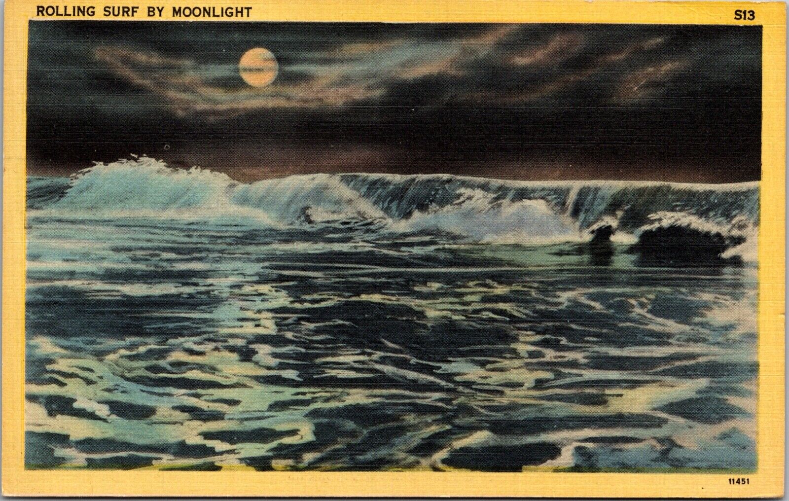1941 Rolling Surf By Moonlight, Greetings from North East PA Vintage Postcard