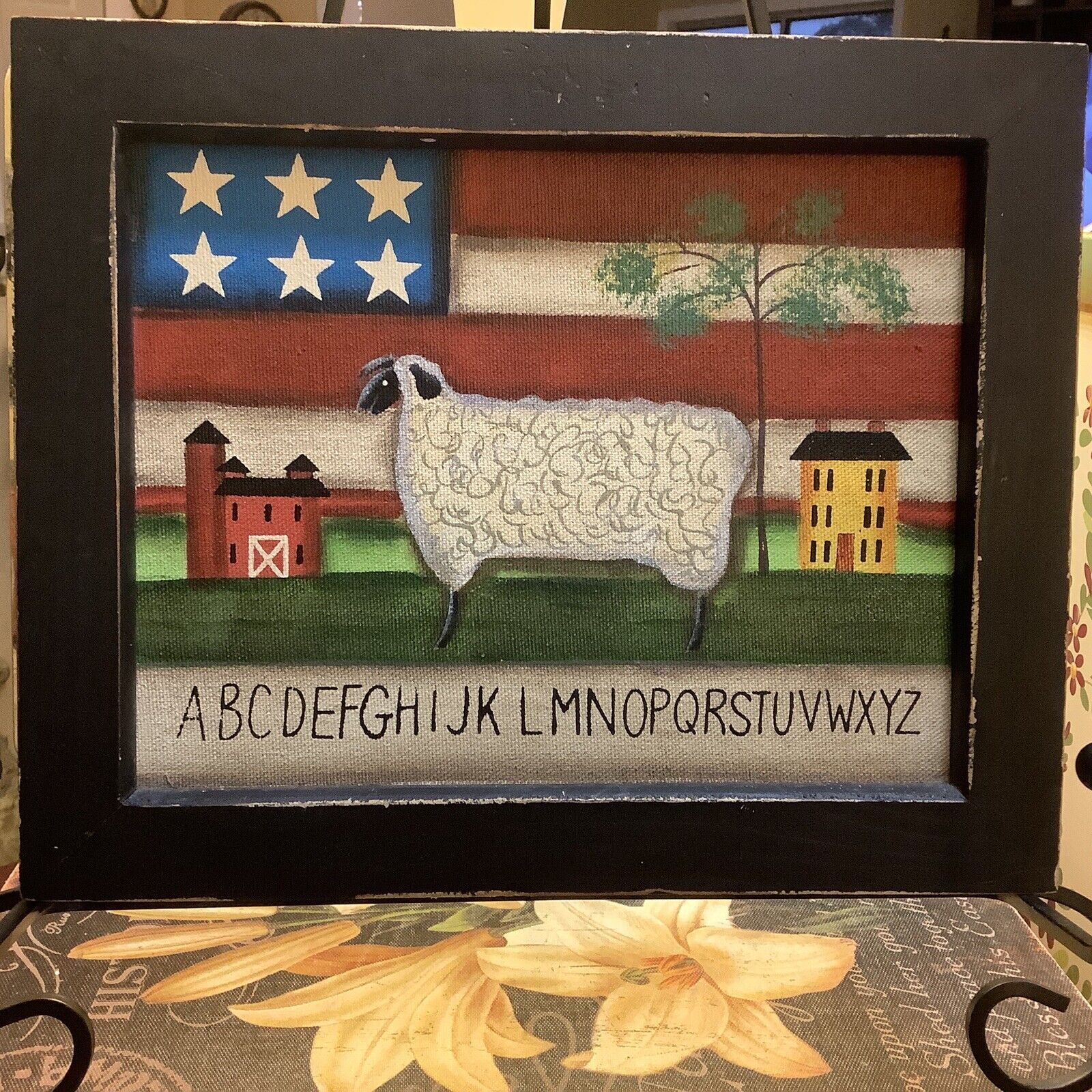 Lamb/Sheep~Folk Art Design~Hardboard Art~Black Distressed Wood Frame~10.25”W~