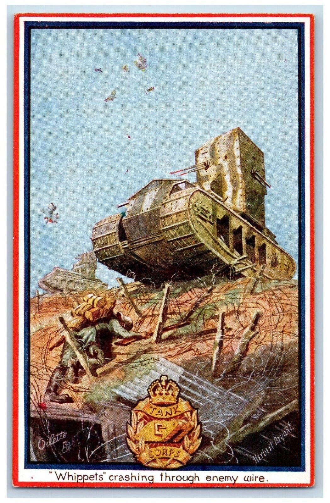 Herbert Bryant Signed Postcard Tank Whippets Crashing Through Enemy Wire Oilette