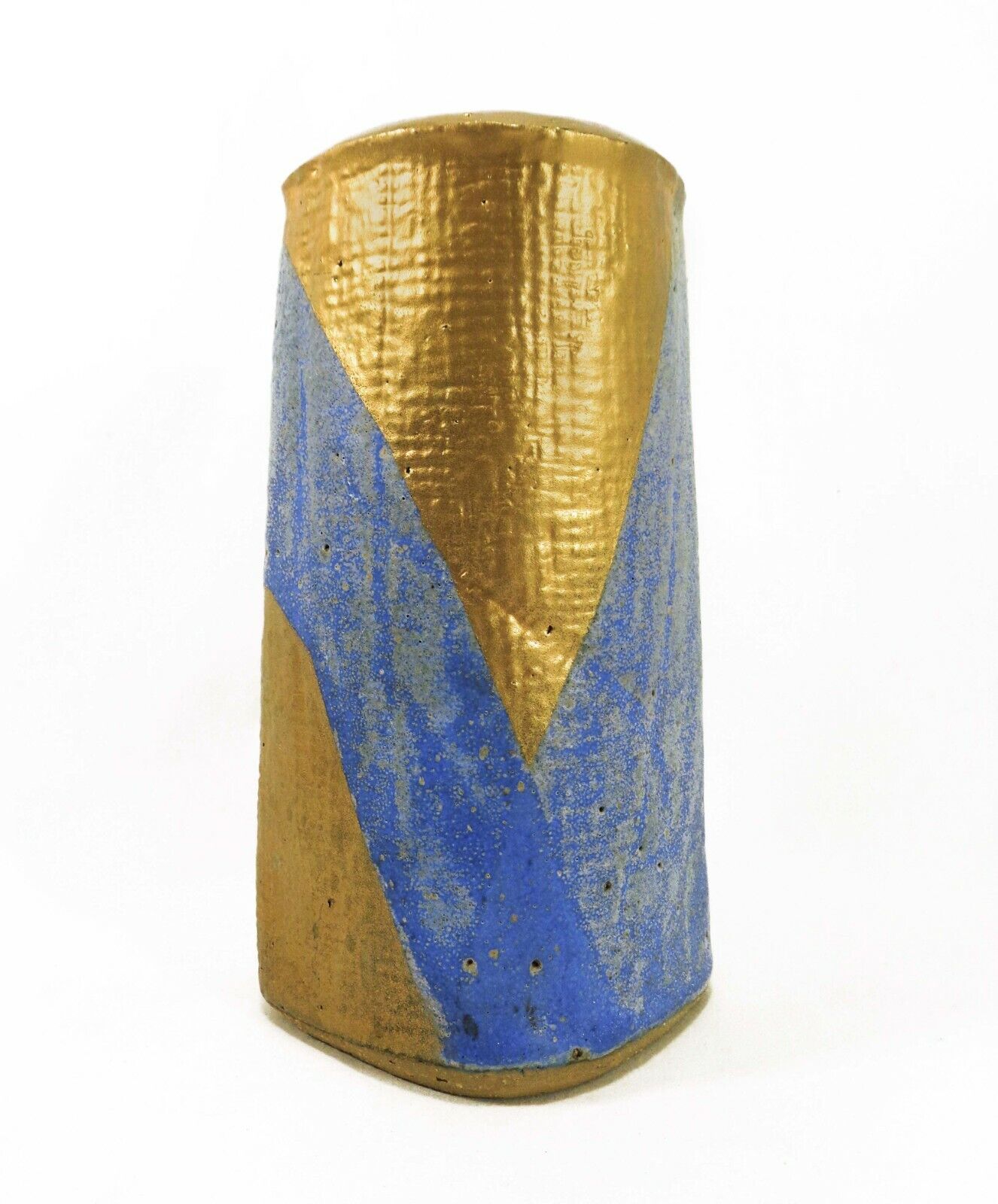 MID-20TH C VINT SIGNED ART POTTERY GILT GOLD/CERULEAN/POWDER BLUE STONEWARE VASE