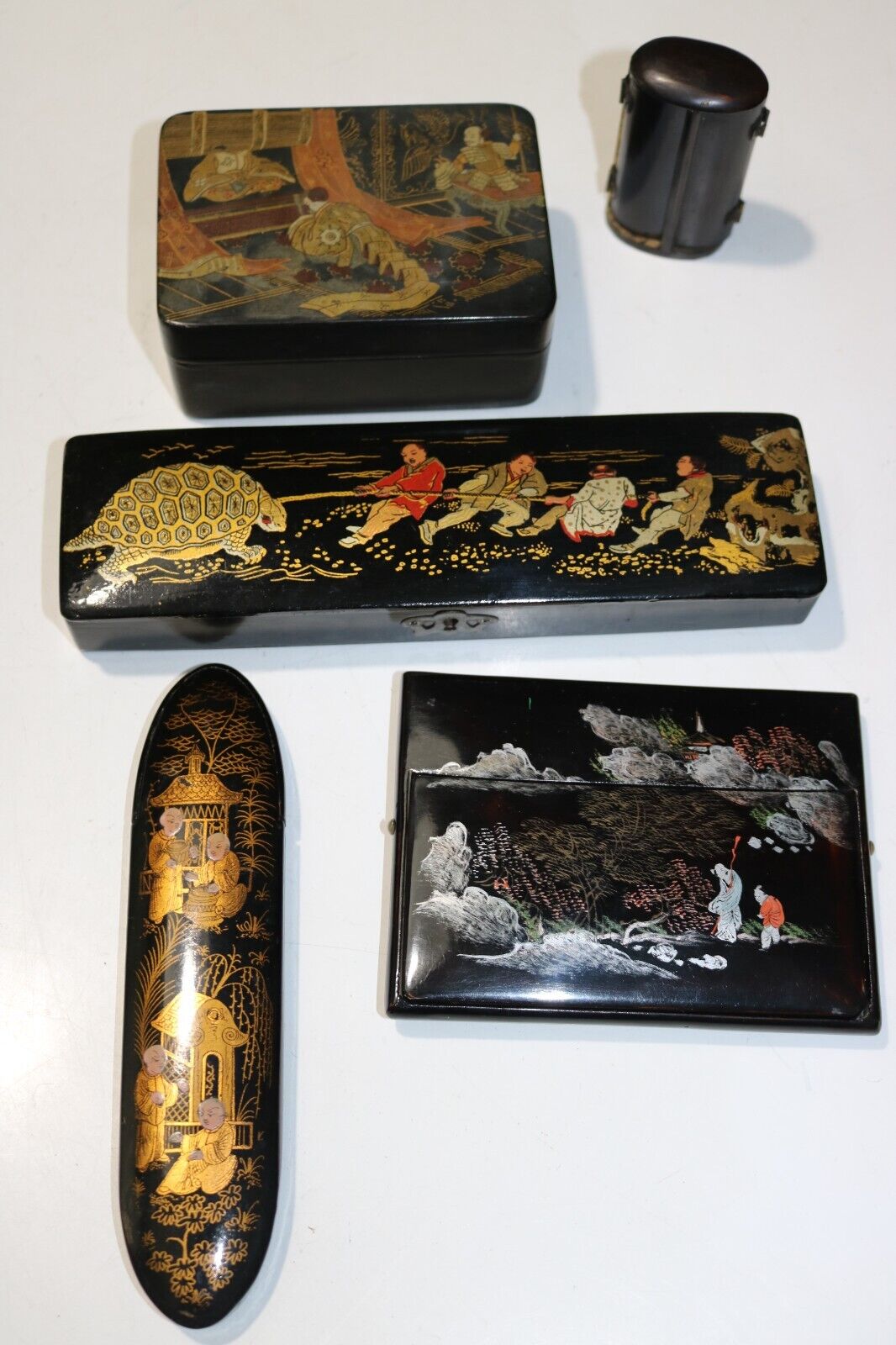 5 Vintage Hand Painted Black Japanese Lacquer Boxes Cases