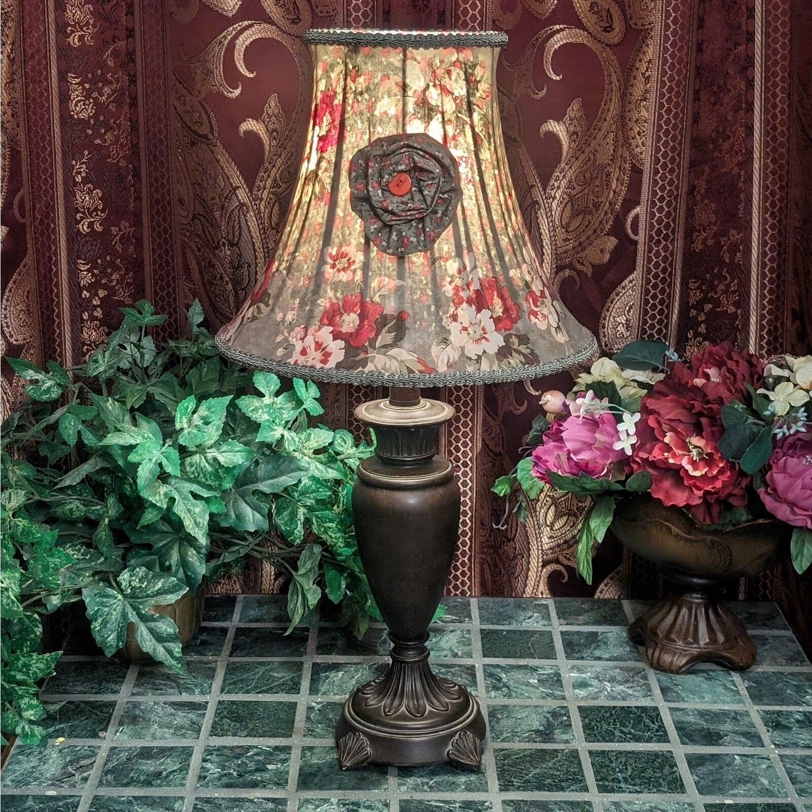 Two Tone Brown Metal Lamp with Custom Granny Chic Floral Fabric Rosette Shade