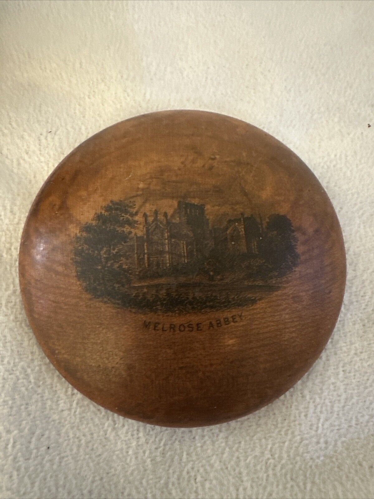 Antique Mauchline Ware Round Box Featuring the Melrose Abbey 3 X 3 Inch